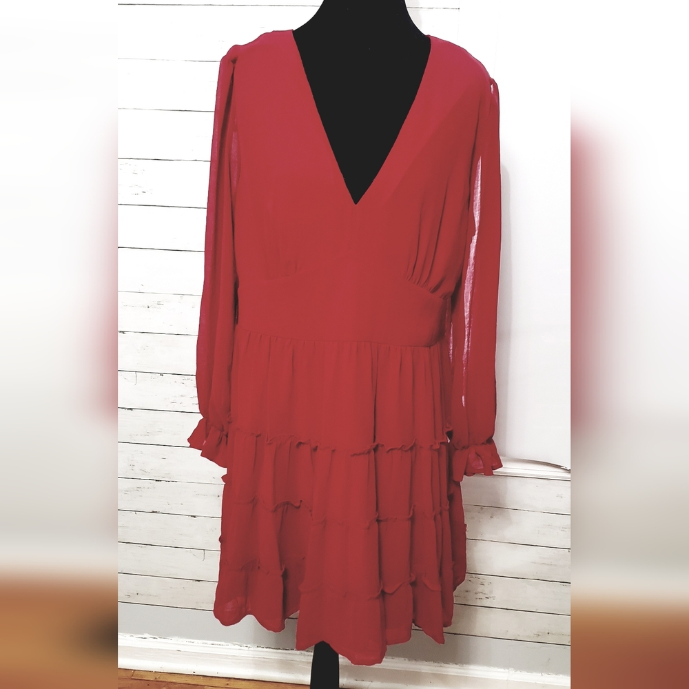 NWT Emma & Michele 14 Bright Burgundy Sheer Sleeve Dress V-neck Knee Length